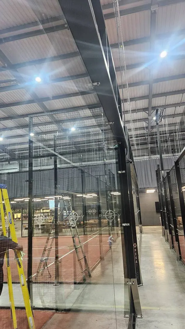 Padel court glazing cleaning, close detail